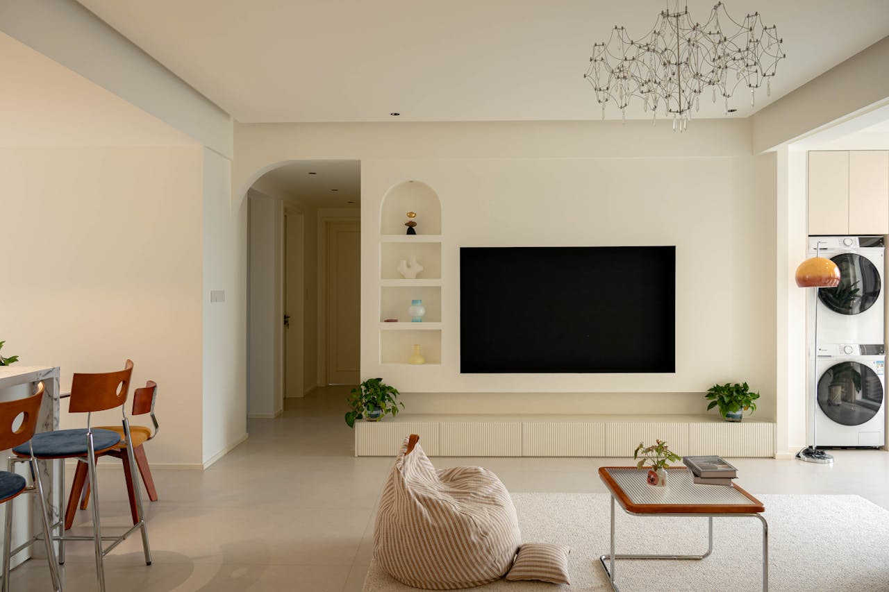 Aesthetic minimalist living room with contemporary decor and furnishings.